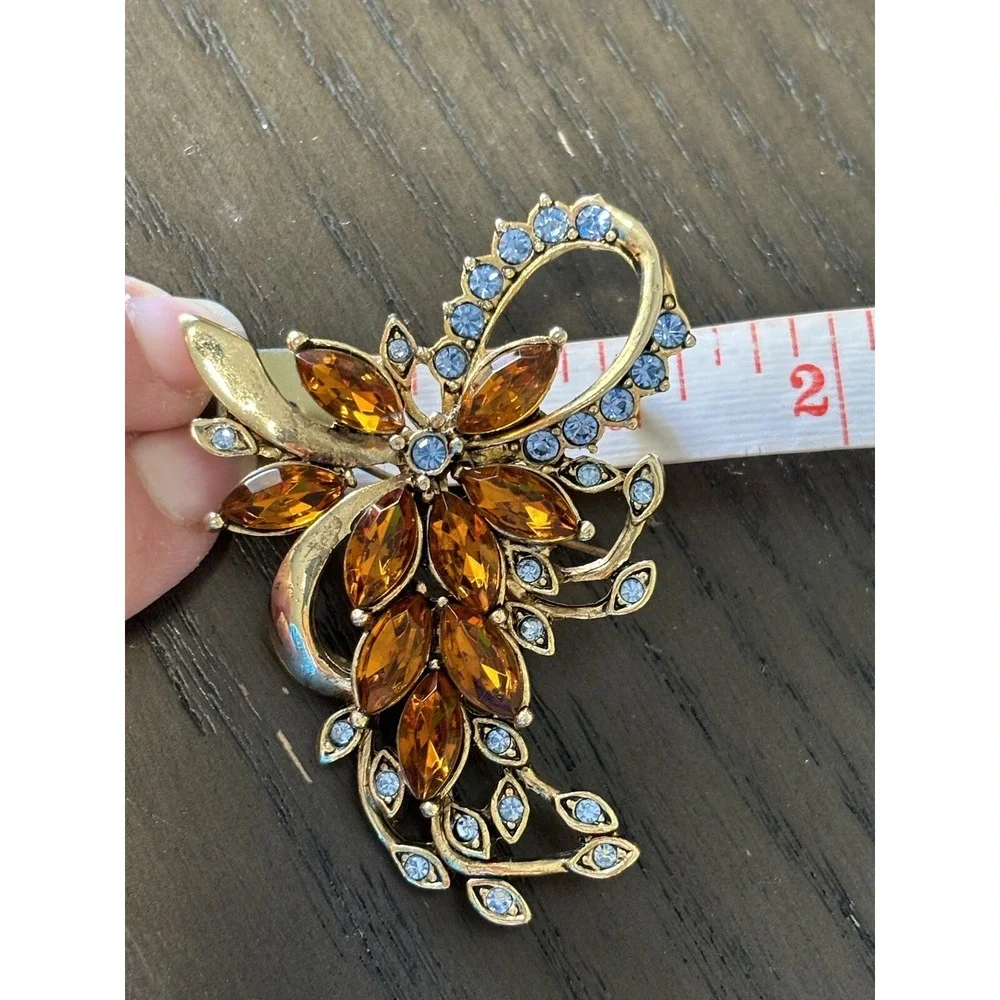 Vintage Kenneth Cole Rhinestone Brooch Amber & Baby Blue Stones Gold Tone